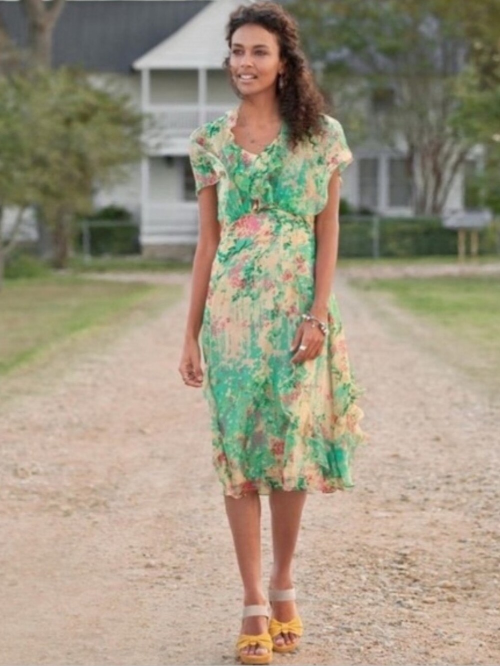 Sundance floral print green and yellow ruffle silk dress size 10